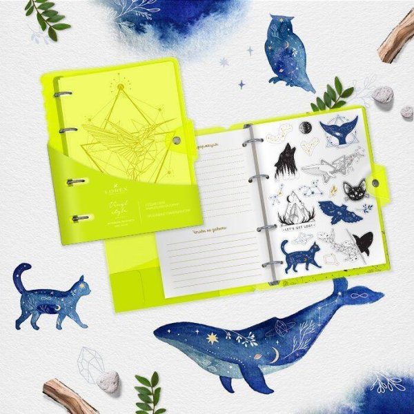 Тетрадь со см.блоком 120 л. кл. NEON. YELLOW А5 пластик обл. на кольцах с наклейками