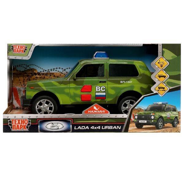 Машина пластик свет-звук LADA 4x4 URBAN КАМУФЛЯЖ 19,5 см, 2 кноп, инер, кор. Технопарк в кор.36шт