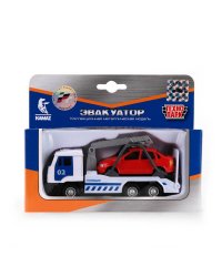 МАШИНА "ТЕХНОПАРК" МЕТАЛЛ. ИНЕРЦ. КАМАЗ. ЭВАКУАТОР ПОЛИЦИЯ 12СМ, С МАШИНКОЙ В РУСС. КОР в кор.2*36шт