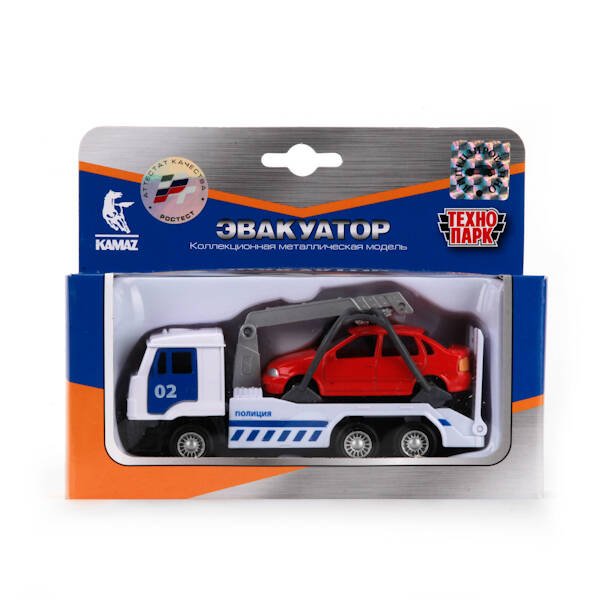 "ТЕХНОПАРК" БЕЗ СВЕТА И ЗВУКА (Умка) МАШИНА "ТЕХНОПАРК" МЕТАЛЛ. ИНЕРЦ. КАМАЗ. ЭВАКУАТОР ПОЛИЦИЯ 12СМ, С МАШИНКОЙ В РУСС. КОР в кор.2*36шт