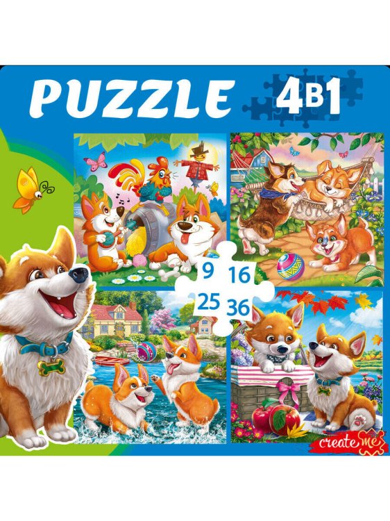 22. ПАЗЛЫ (4 в 1) (9,16, 25, 36 эл.) (Рыжий Кот) ПАЗЛЫ 4 в 1 ЗАБАВНЫЕ КОРГИ №4 (9,16, 25, 36 эл.) (Арт. П-8386)