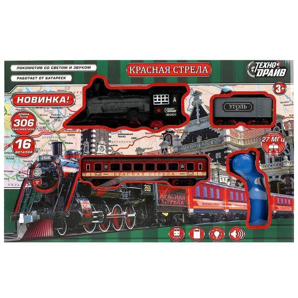 Железная дорога р/у красная стрела свет-звук,дл.пути 306,кор.49*5,5*32см ТЕХНОДРАЙВ в кор.2*12шт