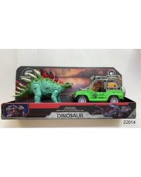 Игровой набор для детей со световым и звуковым эффектом "Фигурка динозавра -  Стегозавр  с зеленым джипом"