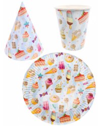 Набор для праздника Сладости (тарелка 6шт, стаканы 6 шт, колпаки 6 шт) ФЛ-6205
