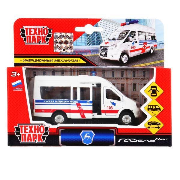 Машина металл ГАЗ Газель NEXT скорая 12см, откр.дв.кабины и бок.дверь., инерц. Технопарк в кор2*24шт