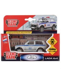 Машина металл ЛАДА 4х4, полиция 9см, инерц, открыв. двери 6400B в русс. кор. Технопарк в кор.2*72шт