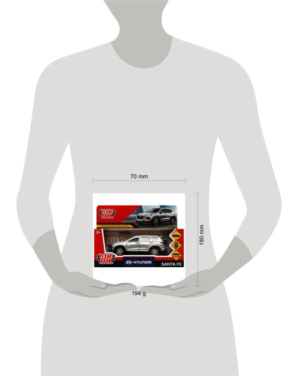 Машина металл HYUNDAI SANTAFE длин 12 см, двер, багаж, инер, серебрист, кор. Технопарк в кор.2*36шт