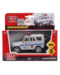 МАШИНА "ТЕХНОПАРК" МЕТАЛЛ. ИНЕРЦ. UAZ HUNTER ПОЛИЦИЯ 11,5СМ, ОТКРЫВ. ДВЕРИ В РУСС. КОР. в кор.2*24шт