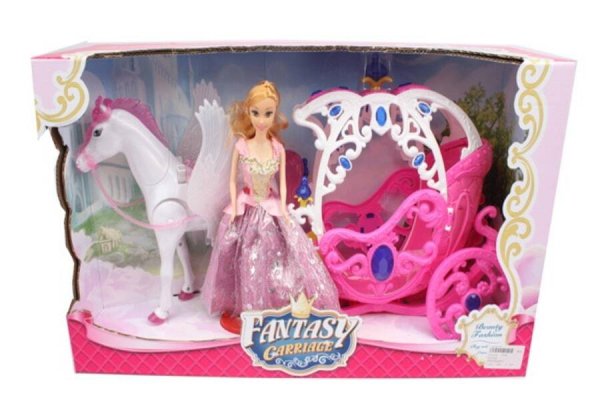 02. КАРЕТЫ, ТРАНСПОРТ ДЛЯ КУКОЛ (Рыжий Кот) Карета с куклой.Сказка(кукла,лошадь ход.,звук,4*АА не в комп.,в кор.)(58,5х18,5х33,5см)(арт.2044434)