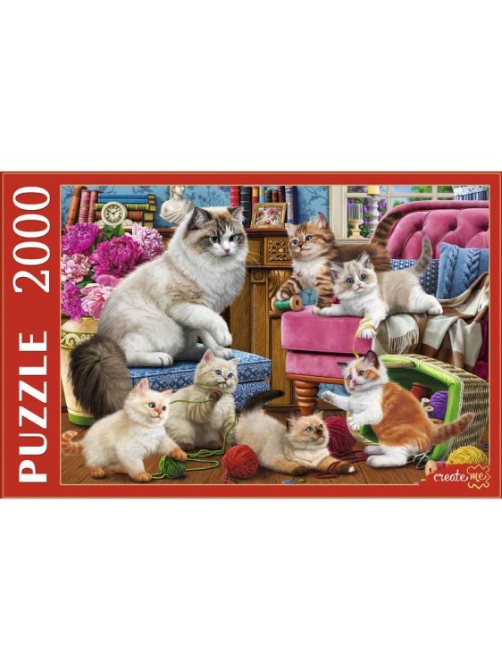 43. 2000 ЭЛЕМЕНТОВ (поле - 92*68 см) (Рыжий Кот) ПАЗЛЫ 2000 элементов. КОШКА С ПУШИСТЫМИ КОТЯТАМИ Ф2000-1524