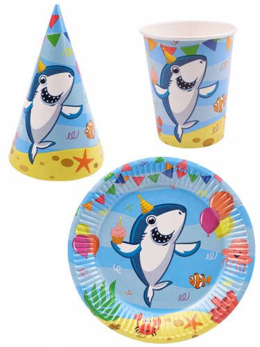 Набор для праздника  Акула   (тарелка 6шт, стаканы 6 шт, колпаки 6 шт)  ФЛ-0946