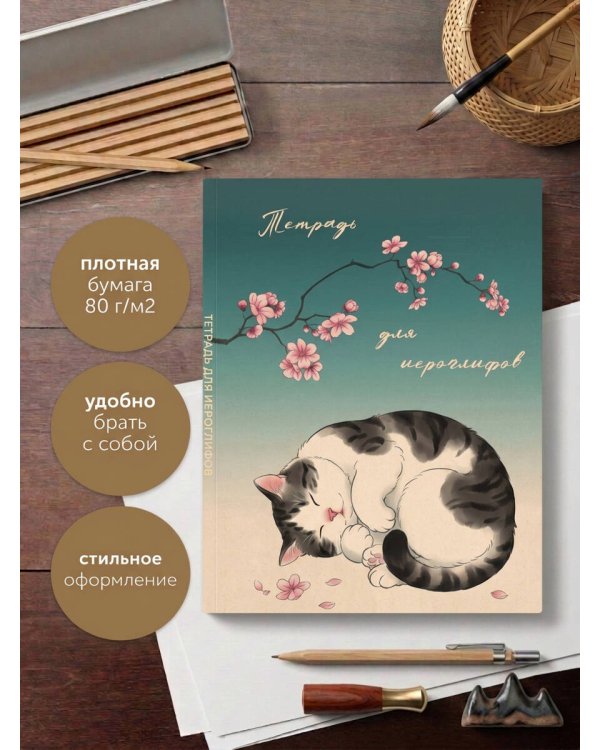 Дополнительное изображение книги «Тетрадь для иероглифов, блок с дополнительным полем (Кот и сакура)»