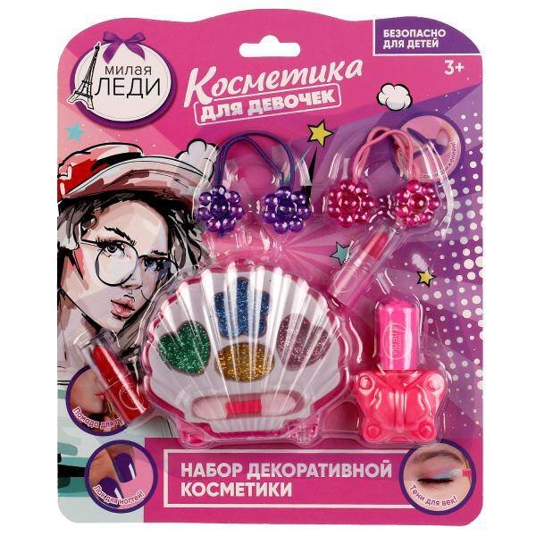 Косметика ДЛЯ ДЕВОЧЕК тени для век с блестками, помада, лак для ногтей МИЛАЯ ЛЕДИ в кор.2*180шт