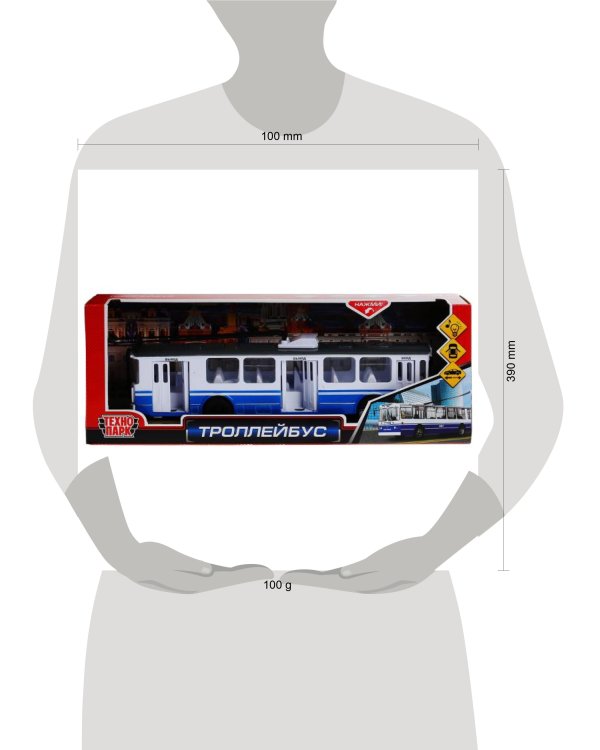 Пластик троллейбус 31,5см, открыв. двери, свет+звук, инерц. в кор. Технопарк в кор.2*12шт