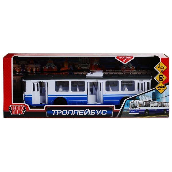Пластик троллейбус 31,5см, открыв. двери, свет+звук, инерц. в кор. Технопарк в кор.2*12шт
