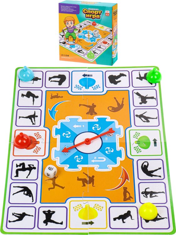 Игра настольная "Спорт игра"(21х20,5х4,6)(разм. игр.поля 37х27, 4 крышки,1 кубик) ( Арт. Y25458047)