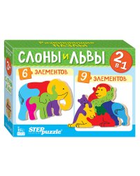 Мозаика "puzzle" 2в1 из дерева "Слоны и львы" (IQ step)