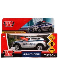 Машина металл свет-звук HYUNDAI TUCSON ПОЛИЦИЯ 12 см, двер, баг, инер, кор. Технопарк в кор.2*36шт