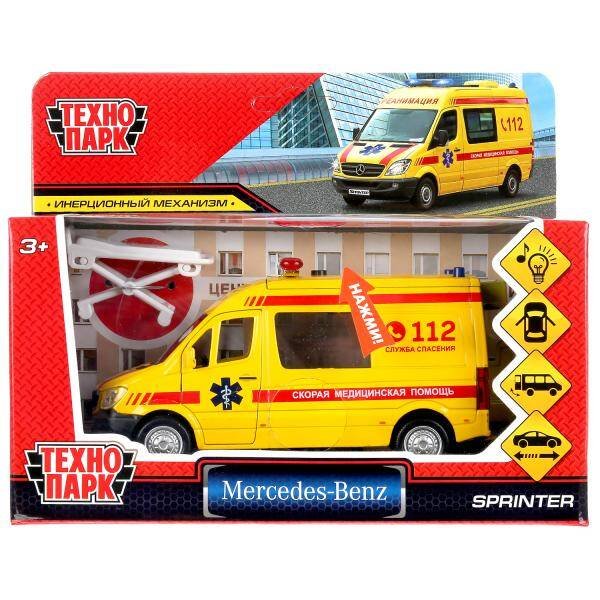 Машина металл свет-звук "mercedes-benz sprinter реанимация" 14см,инерц. в кор. Технопарк в кор2*32шт