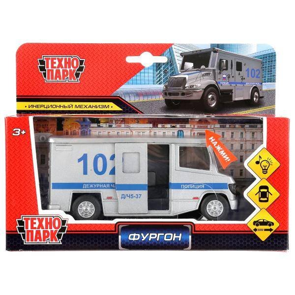 Машина металл универсал полиция 14см, свет+звук, открыв. двери, инерц. в кор. Технопарк в кор.2*24шт