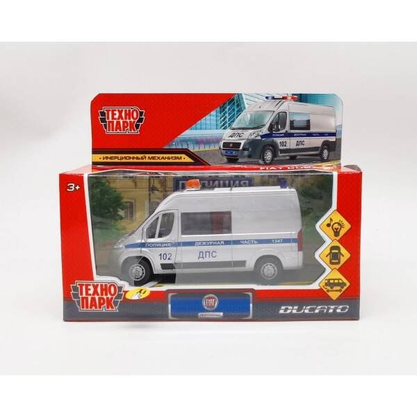 Машина металл свет-звук FIAT DUCATO ПОЛИЦИЯ 14 см, двер, инерц, серебр, кор. Технопарк в кор.2*36шт