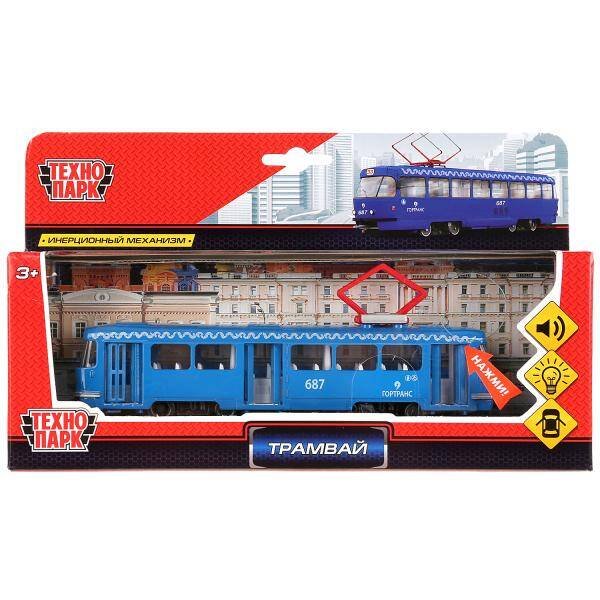 Модель металл Трамвай 18см, инерц. свет+звук, открыв. двери в русс. кор. Технопарк в кор.2*24шт