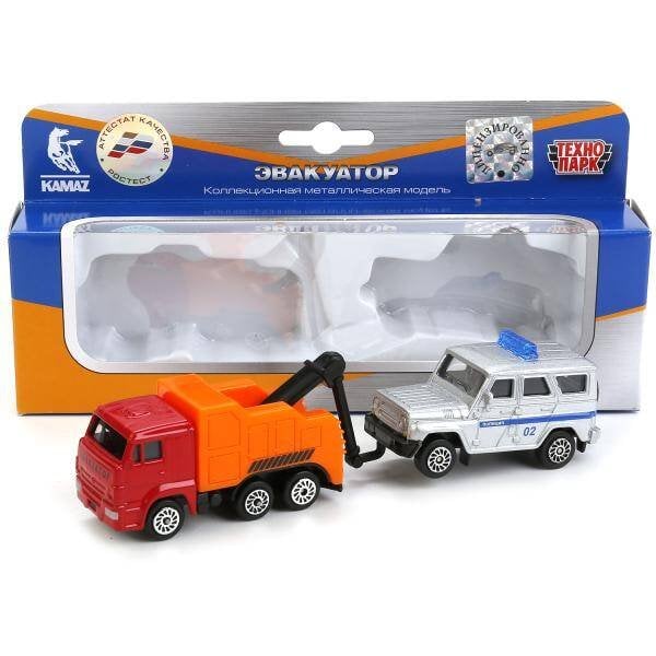 "ТЕХНОПАРК" (Умка) НАБОР МАШИН "ТЕХНОПАРК" МЕТАЛЛ. КАМАЗ ЭВАКУАТОР 7,5СМ + УАЗ ХАНТЕР 7,5СМ В РУСС. КОР. в кор.2*72шт