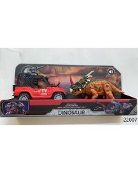 Игровой набор для детей со световым и звуковым эффектом "Фигурка динозавра - Трицератопс, с красным джипом"
