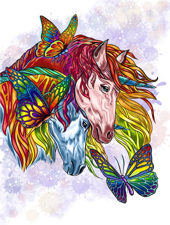 Алмаз. мозаика (класс.) 40х50 см, с подр., с полн. заполн. ЯРКИЕ ЕДИНОРОГИ И БАБОЧКИ (Арт. AC4086)
