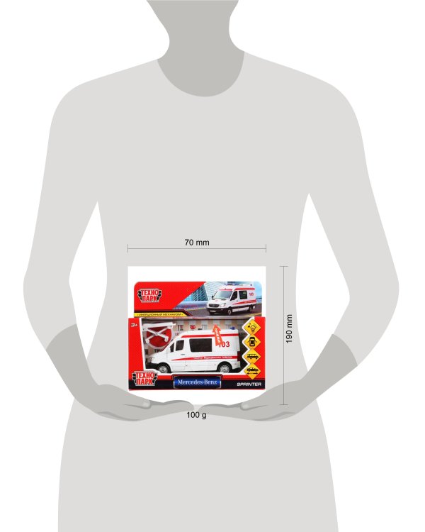 Машина металл свет-звук "mercedes-benz sprinter скорая" 14см, инерц. в кор Технопарк в кор.2*32шт