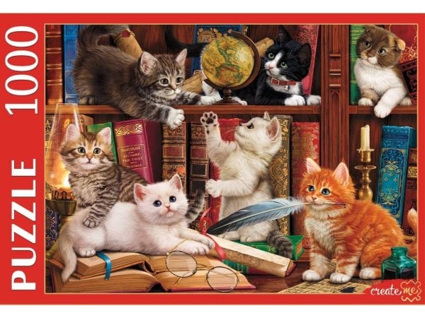 ЖИВОТНЫЕ (Рыжий Кот) ПАЗЛЫ 1000 элементов. П1000-9660 КОТЯТА НА КНИЖНОЙ ПОЛКЕ