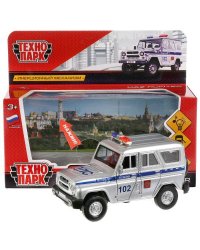 ТМ Технопарк. Машина металл "UAZ HUNTER ПОЛИЦИЯ" 12см, свет+звук, открыв. двери, инерц. в кор.2*36шт