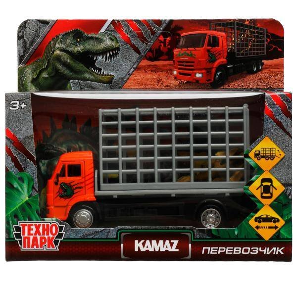 Машина металл KAMAZ С ДИНОЗАВРОМ длина 14 см, двери, подвиж дет, инерц, кор. Технопарк в кор.2*30шт