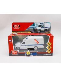Машина металл свет-звук УАЗ ПРОФИ ПОЛИЦИЯ 14 см, двери, инерц, белый, кор. Технопарк в кор.2*36шт