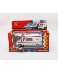 Машина металл свет-звук FIAT DUCATO СКОРАЯ 14 см, двер, ин, тележ, бел, кор. Технопарк в кор.2*36шт