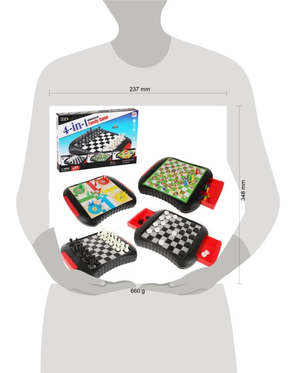 Игра настольная для взрослых: 4в1,в компл. игр. поле магнит. с лотками 27,5х23,5см - 2шт,шахматы,шашки,фишки,кость,кор