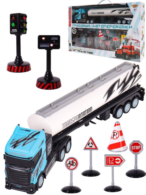 Грузовики, техника Р/У (Рыжий Кот) Машинка на р/у "Грузовые автоперевозки"(USB,акк.4.8,дорож.знаки и пр.) (Арт. M1178-17C)