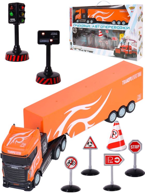 Грузовики, техника Р/У (Рыжий Кот) Машинка на р/у "Грузовые автоперевозки-1"(USB,акк.4.8,дорож.знаки и пр.) (Арт. M1178-14C)