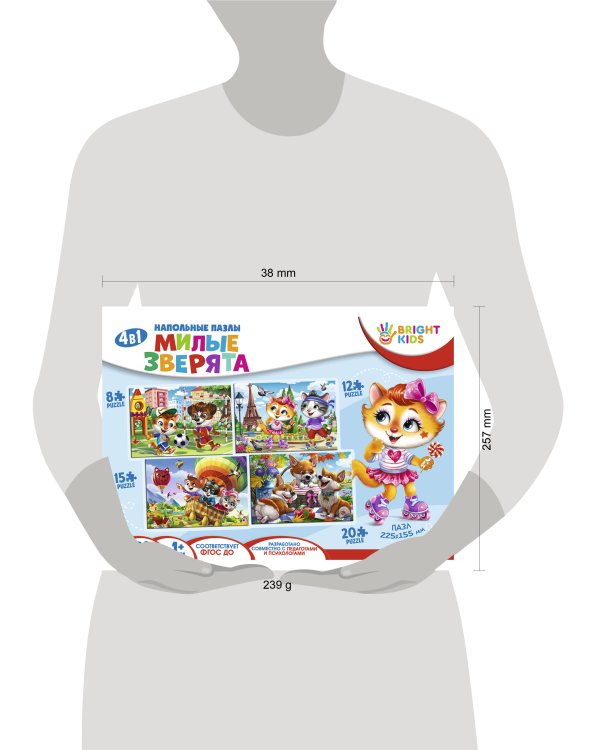 Bright Kids ПАЗЛ НАПОЛЬНЫЙ 4в1. Милые зверята (Арт. П-0493)
