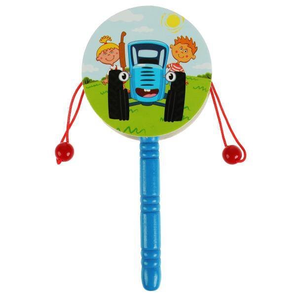 Игрушка деревянная СИНИЙ ТРАКТОР бубен-стучалка,  пакет с хедером Буратино в кор.324шт