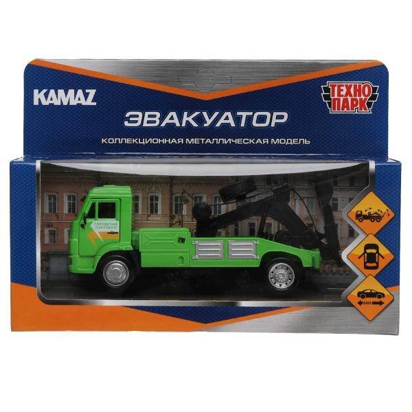 Машина металл KAMAZ ЭВАКУАТОР 15 см, двери, подвиж дет, инерц, зеленый, кор. Технопарк в кор.2*36шт