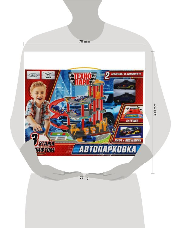 Игрушка пластик автопарковка+2 машин.., 3 эт., лифт, заправ.,кор. Технопарк в кор.2*12шт