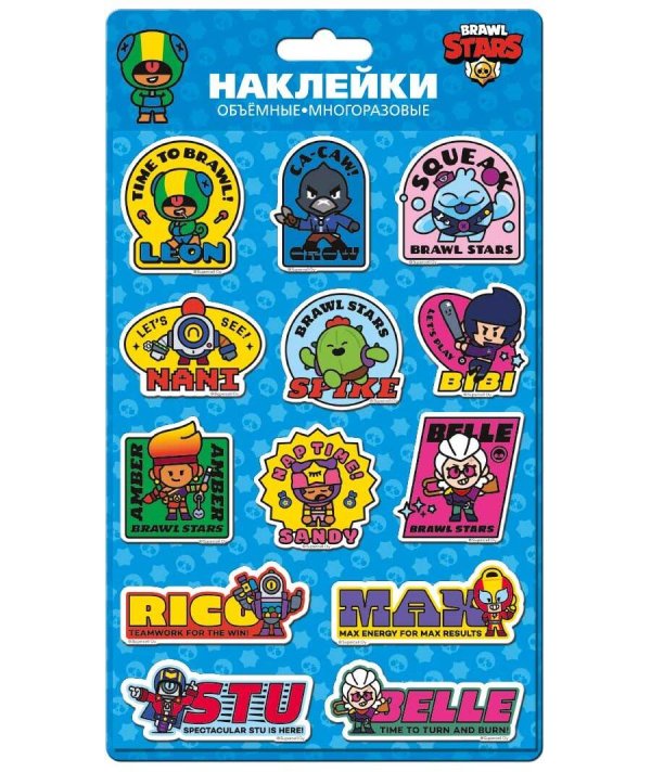 Наклейки (Премьера Паблишинг) Brawl Stars Объемные наклейки Леон, Амбер, Нани