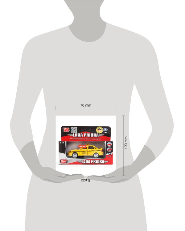 МАШИНА "ТЕХНОПАРК" МЕТАЛЛ. ИНЕРЦ. ЛАДА-ПРИОРА ТАКСИ 1:43, СВЕТ+ЗВУК В КОР. в кор.2*24шт