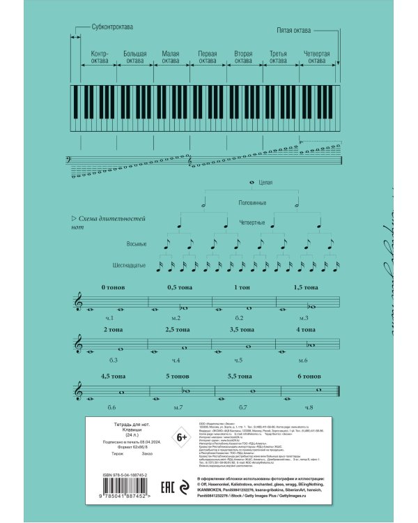 Тетрадь для нот. Клавиши (24 л., А4, вертикальная, скрепка, бирюзовая)