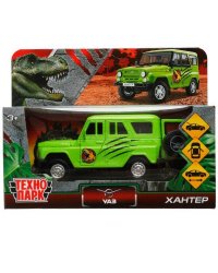 Машина металл UAZ HUNTER ДИНОЗАВРЫ 11,5 см, двер, багаж, ин, салатовый, кор. Технопарк в кор.2*36шт