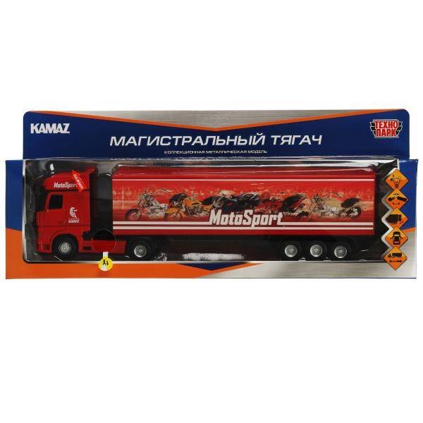 Машина металл свет-звук KAMAZ ТЯГАЧ С ПОЛУПРИЦЕПОМ 37 см, двери, инерц, кор. Технопарк в кор.36шт