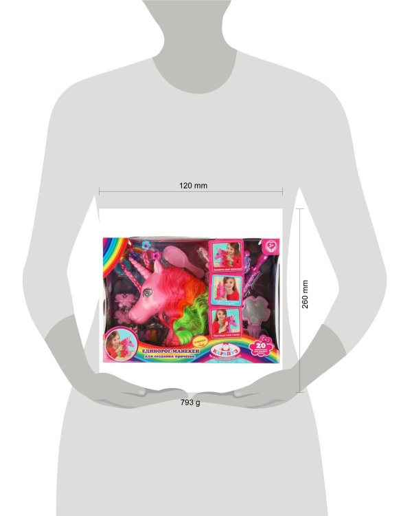 Голова-манекен единорог 25 см, с цветной гривой, 20 акс, кор КАРАПУЗ в кор.2*15шт