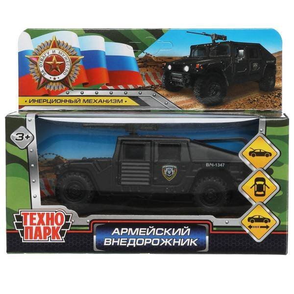 Машина металл АРМЕЙСКИЙ ВНЕДОРОЖНИК 12 см, двери, багажн, черн, кор. Технопарк в кор.2*36шт