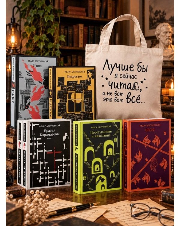 Дополнительное изображение книги «Великое пятикнижие Ф. М. Достоевского с шоппером (комплект из 5 книг: Преступление и наказание, Братья Карамазовы, Идиот, Подросток, Бесы, и шоппера)»
